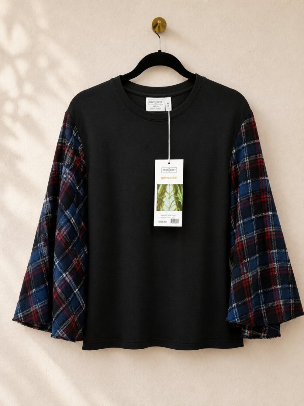 NWT Southcott Buttercup Bamboo Plaid Bell Sleeve Top Black Size 1/S